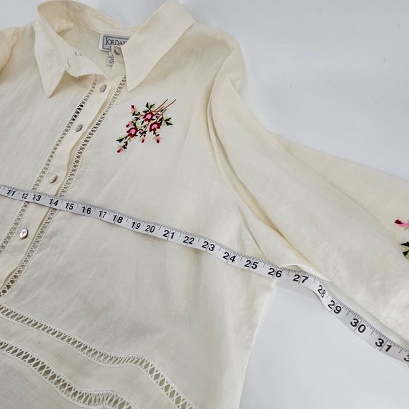 Vintage Embroidered Floral Linen Shirt‎ Top 22W Cream Romantic Coastal Blouse - Picture 6 of 9